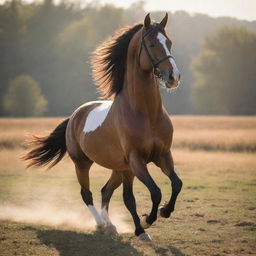 A majestic horse prancing in a sunlit field with a proud, skillful rider atop