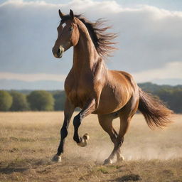 A majestic horse prancing in a sunlit field with a proud, skillful rider atop