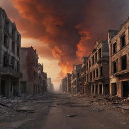 A dystopian landscape portraying the end of the world, with ruined buildings, fiery skies, and desolated streets.