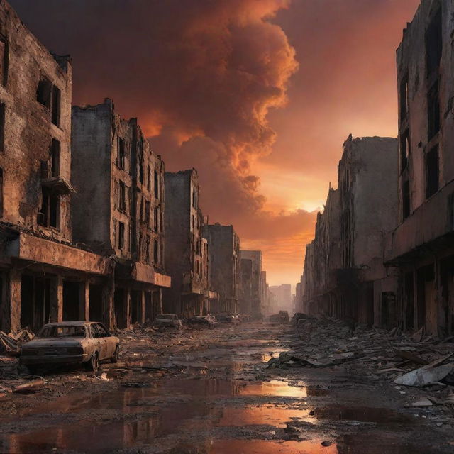 A dystopian landscape portraying the end of the world, with ruined buildings, fiery skies, and desolated streets.