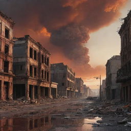 A dystopian landscape portraying the end of the world, with ruined buildings, fiery skies, and desolated streets.