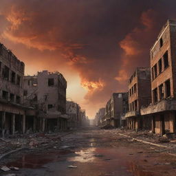 A dystopian landscape portraying the end of the world, with ruined buildings, fiery skies, and desolated streets.