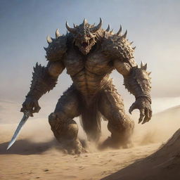 A gargantuan monster emerges from sandy hills, reaching forward. Confronting it, a radiant knight brings out his shining sword, preparing to battle the creature.