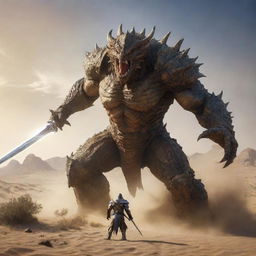 A gargantuan monster emerges from sandy hills, reaching forward. Confronting it, a radiant knight brings out his shining sword, preparing to battle the creature.