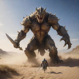 A gargantuan monster emerges from sandy hills, reaching forward. Confronting it, a radiant knight brings out his shining sword, preparing to battle the creature.