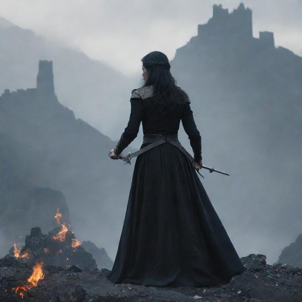 A dark-haired woman, standing over ashes with majestic mountains as a backdrop. She is holding a sword, her back is to us, and she is gazing at a distant castle.