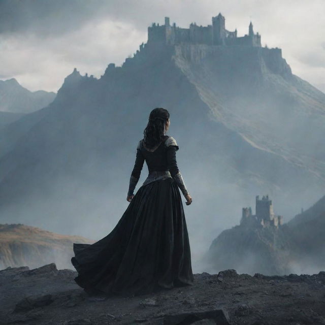 A dark-haired woman, standing over ashes with majestic mountains as a backdrop. She is holding a sword, her back is to us, and she is gazing at a distant castle.