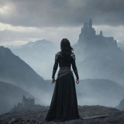 A dark-haired woman, standing over ashes with majestic mountains as a backdrop. She is holding a sword, her back is to us, and she is gazing at a distant castle.