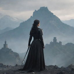 A dark-haired woman, standing over ashes with majestic mountains as a backdrop. She is holding a sword, her back is to us, and she is gazing at a distant castle.