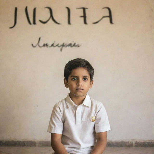 A young boy sitting on a chair, looking towards a wall where the name 'Mairaj' is elegantly written on the background.