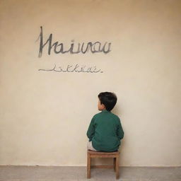 A young boy sitting on a chair, looking towards a wall where the name 'Mairaj' is elegantly written on the background.