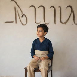 A young boy sitting on a chair, looking towards a wall where the name 'Mairaj' is elegantly written on the background.