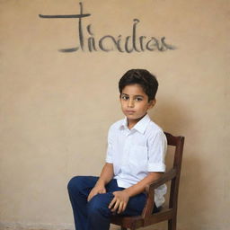 A young boy sitting on a chair, looking towards a wall where the name 'Mairaj' is elegantly written on the background.