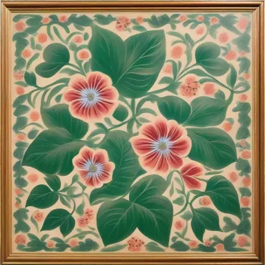 The painting featured an intricate floral design with lyrate leaves in the background.