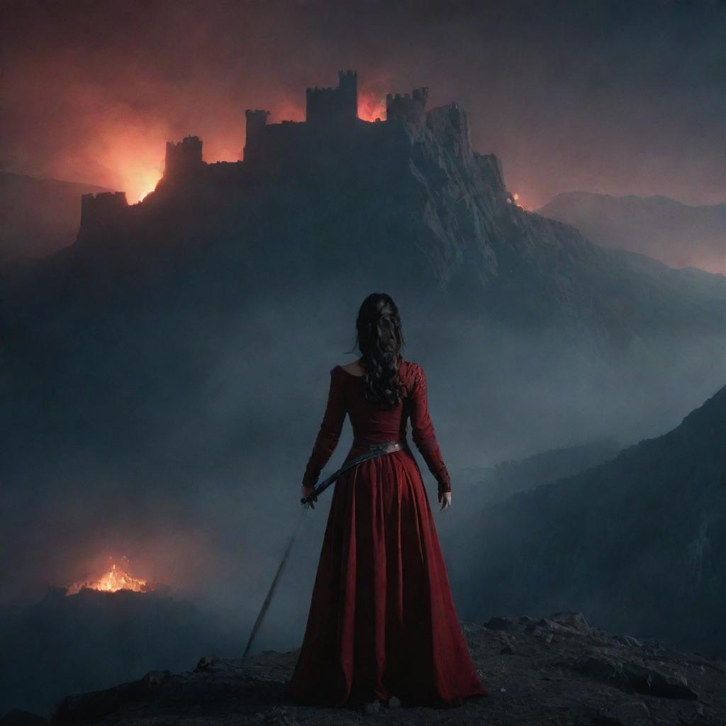 Dark-haired woman in dark red attire, standing over ashes amidst mountains, holding a sword. Her back faces us as she gazes at a distant castle. Night time scene, with faint firelight surrounding her.