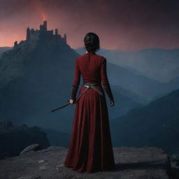 Dark-haired woman in dark red attire, standing over ashes amidst mountains, holding a sword. Her back faces us as she gazes at a distant castle. Night time scene, with faint firelight surrounding her.