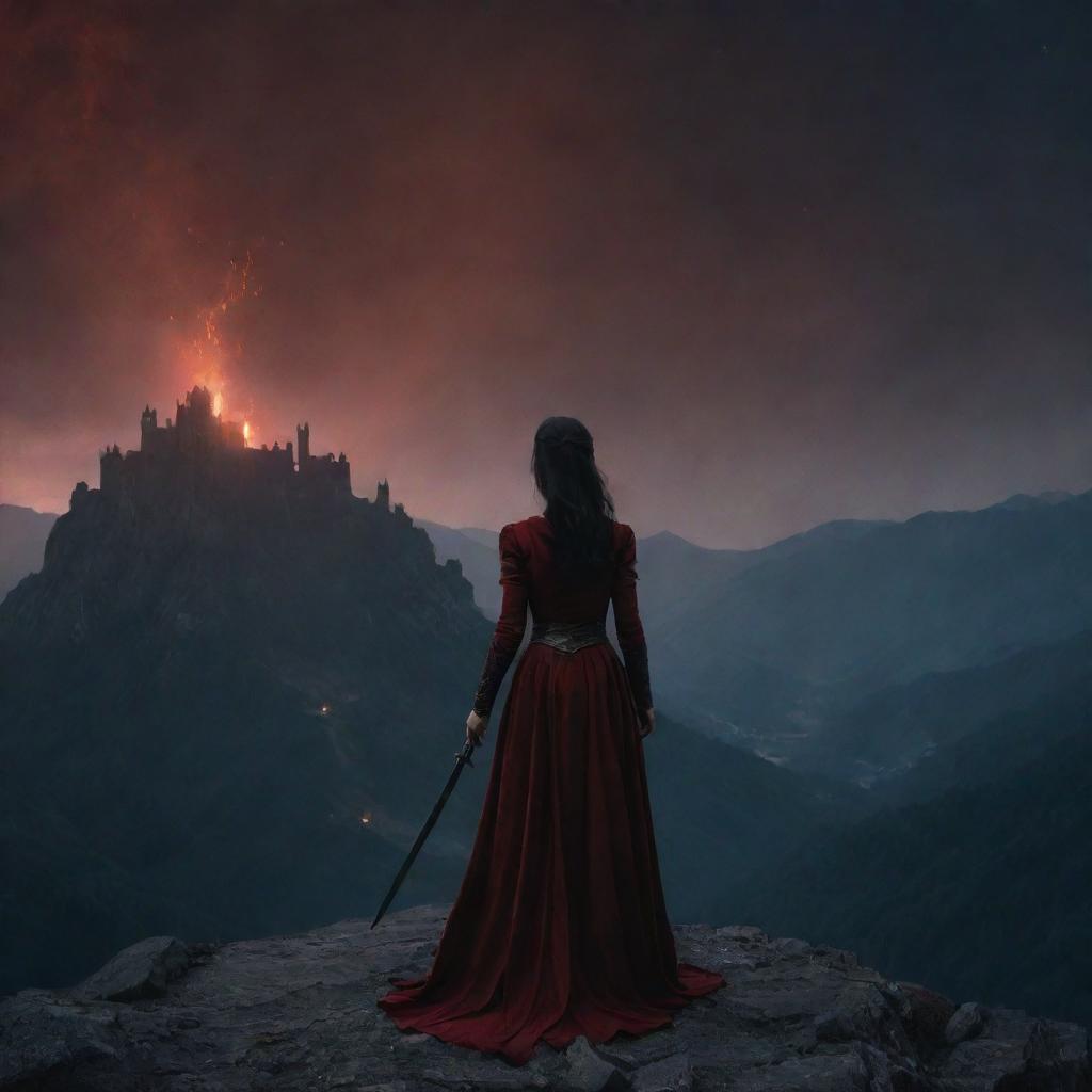 Dark-haired woman in dark red attire, standing over ashes amidst mountains, holding a sword. Her back faces us as she gazes at a distant castle. Night time scene, with faint firelight surrounding her.