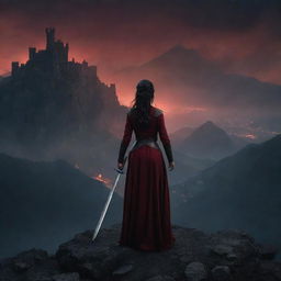 Dark-haired woman in dark red attire, standing over ashes amidst mountains, holding a sword. Her back faces us as she gazes at a distant castle. Night time scene, with faint firelight surrounding her.