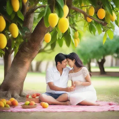Underneath the shade of the mango tree, the couple shared a romantic picnic, enjoying the sweet scent of the fruit in the air.