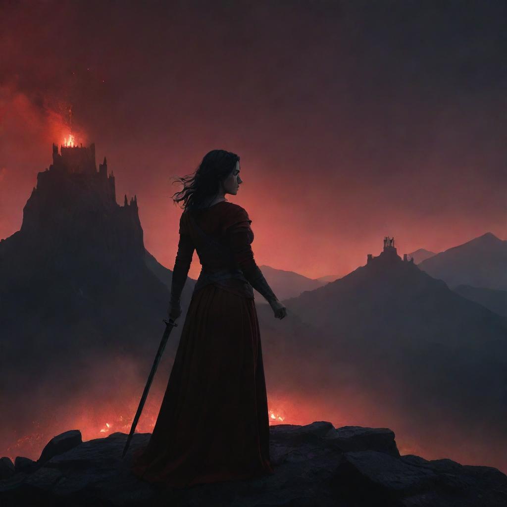 A dark-haired woman, clad in dark red, stands among ashes against a mountainous backdrop. Grasping a sword, she gazes from her hill at a distant castle. Amidst the night, firelight outlines her silhouette.