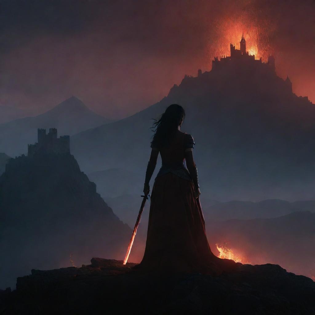 A dark-haired woman, clad in dark red, stands among ashes against a mountainous backdrop. Grasping a sword, she gazes from her hill at a distant castle. Amidst the night, firelight outlines her silhouette.