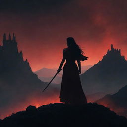 A dark-haired woman, clad in dark red, stands among ashes against a mountainous backdrop. Grasping a sword, she gazes from her hill at a distant castle. Amidst the night, firelight outlines her silhouette.