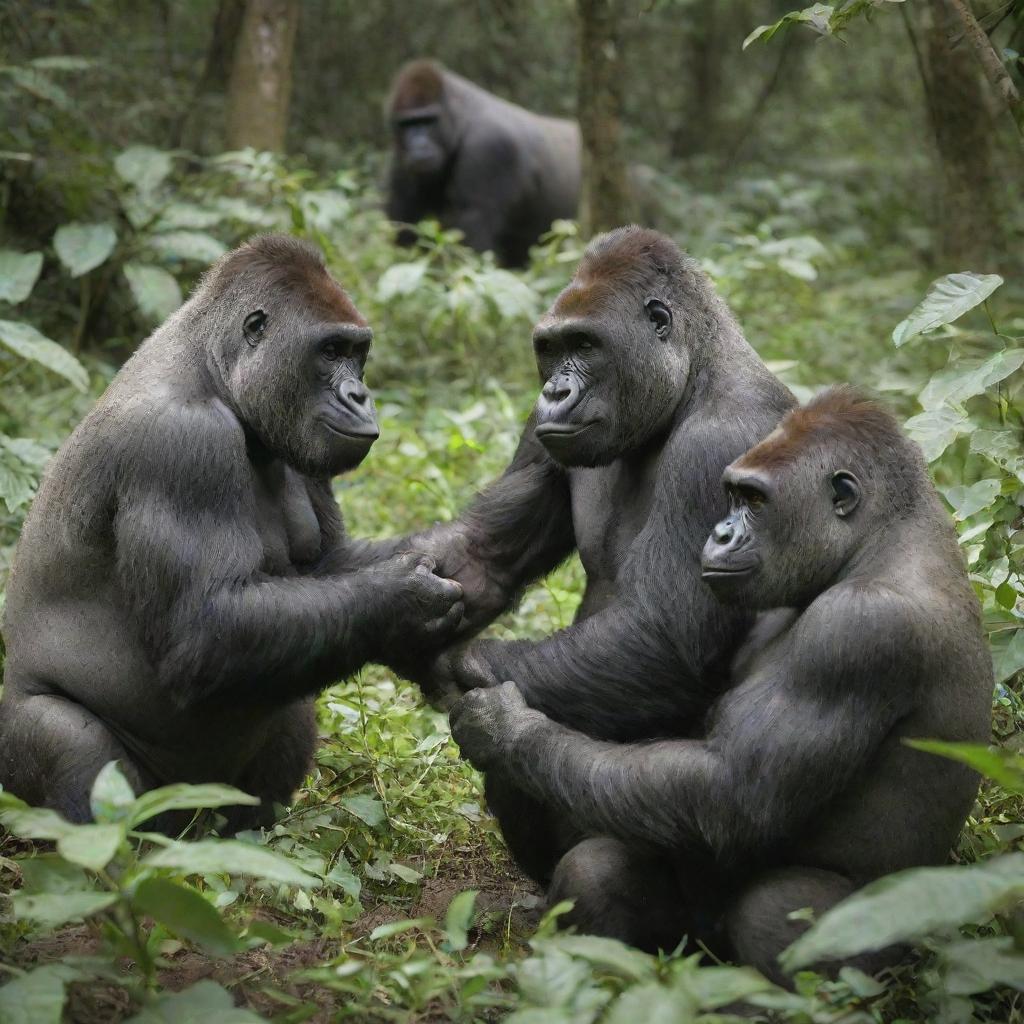 A group of gorillas peacefully interacting and spending time with a couple of rhinoceros in a lush, green jungle environment.