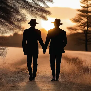 As the sun set, the lovers walked hand in hand, wearing matching cocked hats that added a touch of romance to their evening stroll.