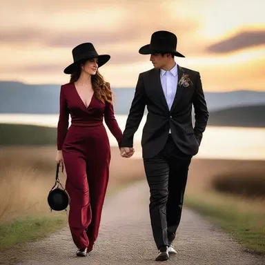 As the sun set, the lovers walked hand in hand, wearing matching cocked hats that added a touch of romance to their evening stroll.