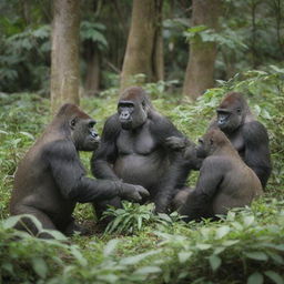 A group of gorillas peacefully interacting and spending time with a couple of rhinoceros in a lush, green jungle environment.