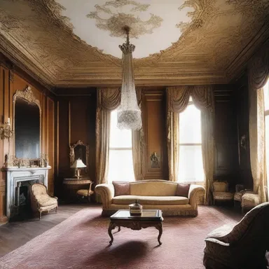 The grand mansion was filled with opulence and lavishness, with every room adorned in exquisite detail, including the drawing room where an antique cocked hat was displayed as a centerpiece.