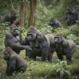 A group of gorillas peacefully interacting and spending time with a couple of rhinoceros in a lush, green jungle environment.