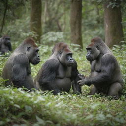 A group of gorillas peacefully interacting and spending time with a couple of rhinoceros in a lush, green jungle environment.