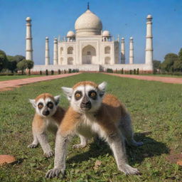 A vibrant scene featuring Madagascar lemurs frolicking in the lush greenery in front of the majestic Taj Mahal under a clear blue sky.