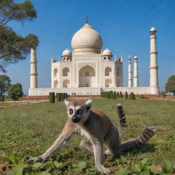 A vibrant scene featuring Madagascar lemurs frolicking in the lush greenery in front of the majestic Taj Mahal under a clear blue sky.