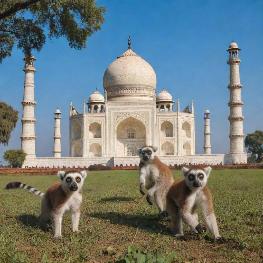 A vibrant scene featuring Madagascar lemurs frolicking in the lush greenery in front of the majestic Taj Mahal under a clear blue sky.