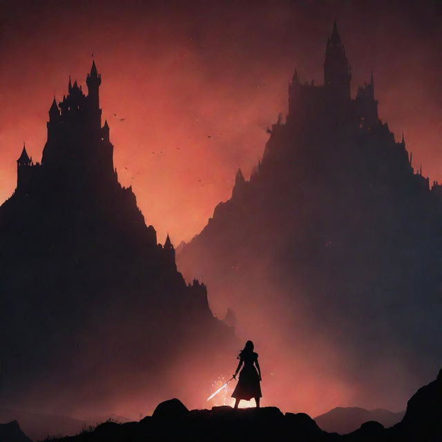 Silhouetted, a dark-haired woman in dark red stands amidst ashes below mountains, holding a sword and gazing at a larger castle on a hill. Illuminated by subtle firelight in the night, dragons fly overhead.