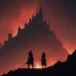 Silhouetted, a dark-haired woman in dark red stands amidst ashes below mountains, holding a sword and gazing at a larger castle on a hill. Illuminated by subtle firelight in the night, dragons fly overhead.