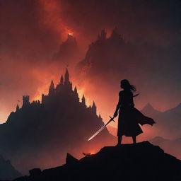 Silhouetted, a dark-haired woman in dark red stands amidst ashes below mountains, holding a sword and gazing at a larger castle on a hill. Illuminated by subtle firelight in the night, dragons fly overhead.