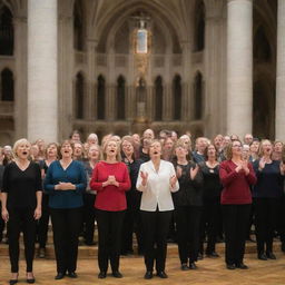 A vibrant choir rehearsal with various singers passionately singing in harmony, directed by a conductor within a grand church setting