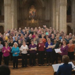 A vibrant choir rehearsal with various singers passionately singing in harmony, directed by a conductor within a grand church setting