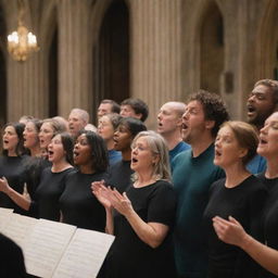 A vibrant choir rehearsal with various singers passionately singing in harmony, directed by a conductor within a grand church setting