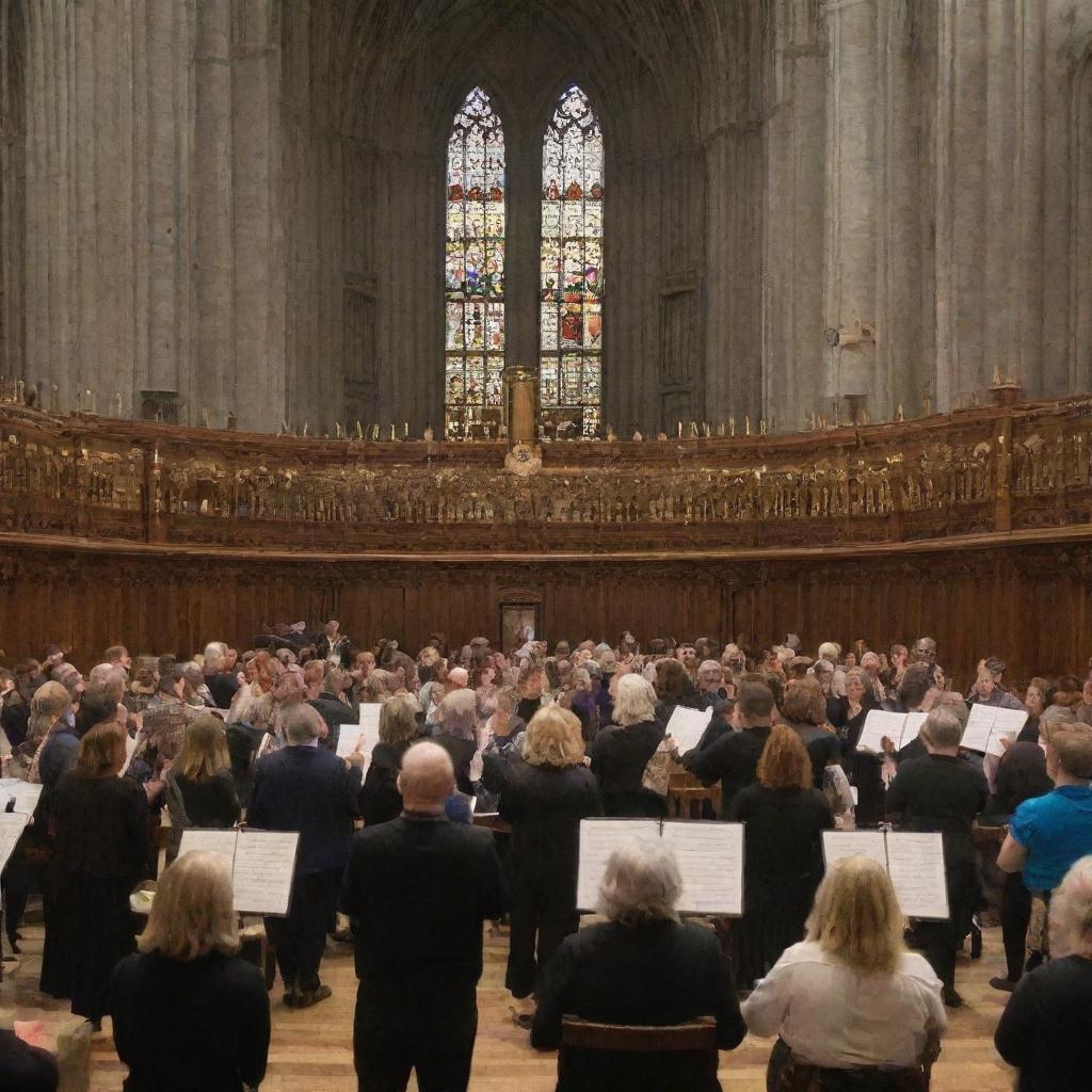 A vibrant choir rehearsal with various singers passionately singing in harmony, directed by a conductor within a grand church setting