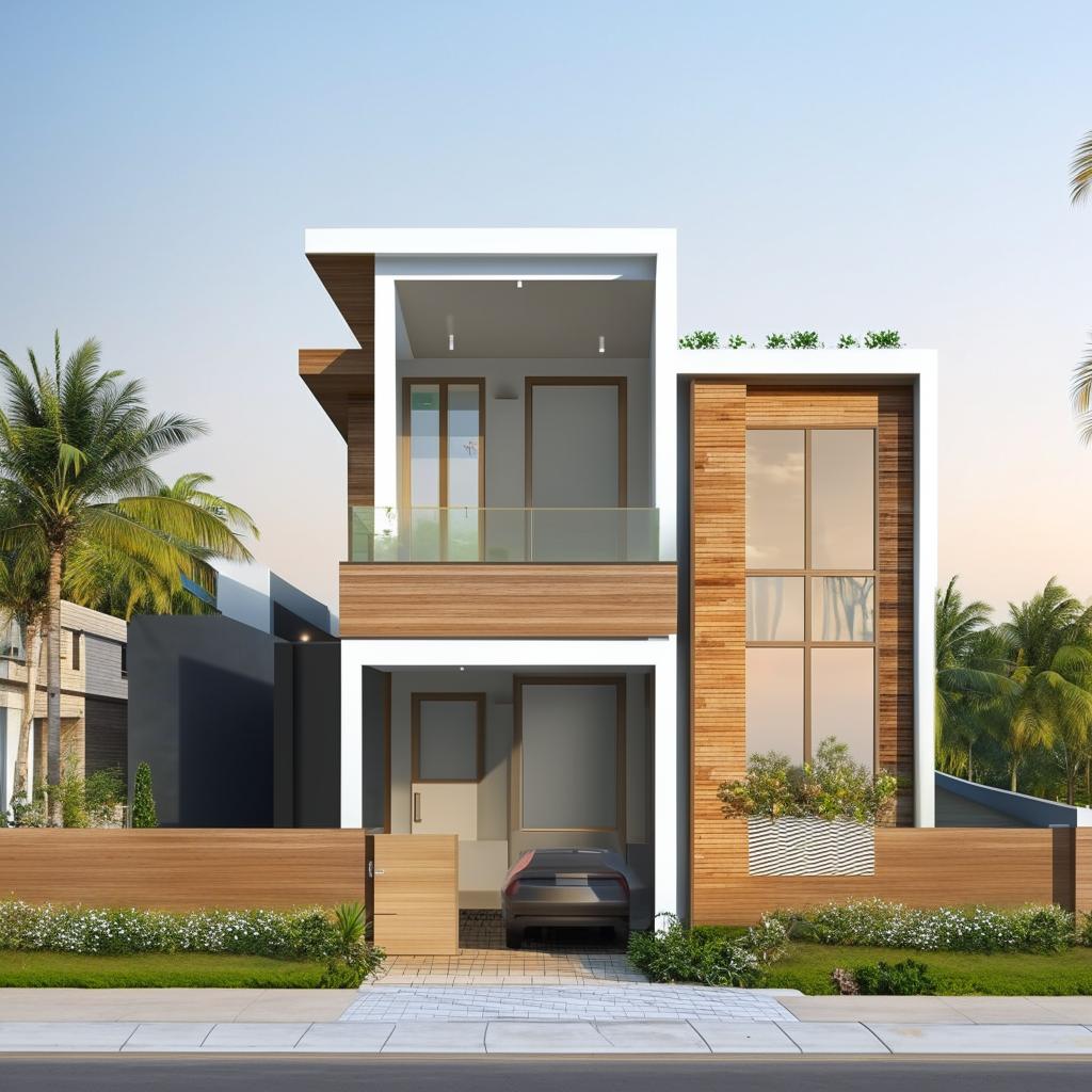 Design a minimalist home front on a 36 feet facade featuring an accessible kitchen, one stairway, two bedrooms, a dining room, a hall, and a washroom.