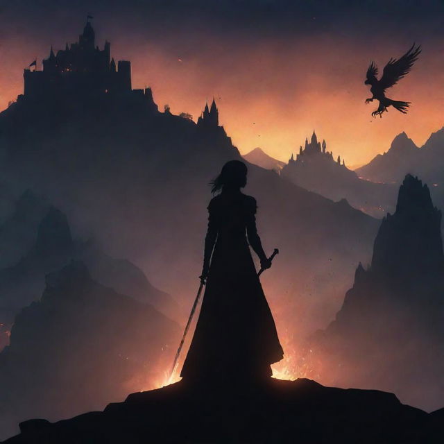 A dark-haired woman's silhouette stands amidst ashes below mountains, holding a sword, gazing at a larger castle on a hill. It's night with subtle firelight around her, and a phoenix flies overhead.