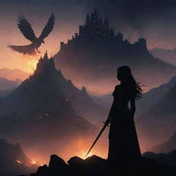 A dark-haired woman's silhouette stands amidst ashes below mountains, holding a sword, gazing at a larger castle on a hill. It's night with subtle firelight around her, and a phoenix flies overhead.