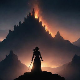 A dark-haired woman's silhouette stands amidst ashes below mountains, holding a sword, gazing at a larger castle on a hill. It's night with subtle firelight around her, and a phoenix flies overhead.