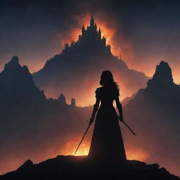 A dark-haired woman's silhouette stands amidst ashes below mountains, holding a sword, gazing at a larger castle on a hill. It's night with subtle firelight around her, and a phoenix flies overhead.