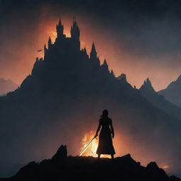 A dark-haired woman's silhouette stands among ashes below mountains, holding a sword and focusing on a larger castle on a hill. Surrounded by faint firelight in the night, a dragon is scene flying overhead.