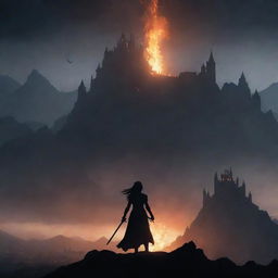 A dark-haired woman's silhouette stands among ashes below mountains, holding a sword and focusing on a larger castle on a hill. Surrounded by faint firelight in the night, a dragon is scene flying overhead.